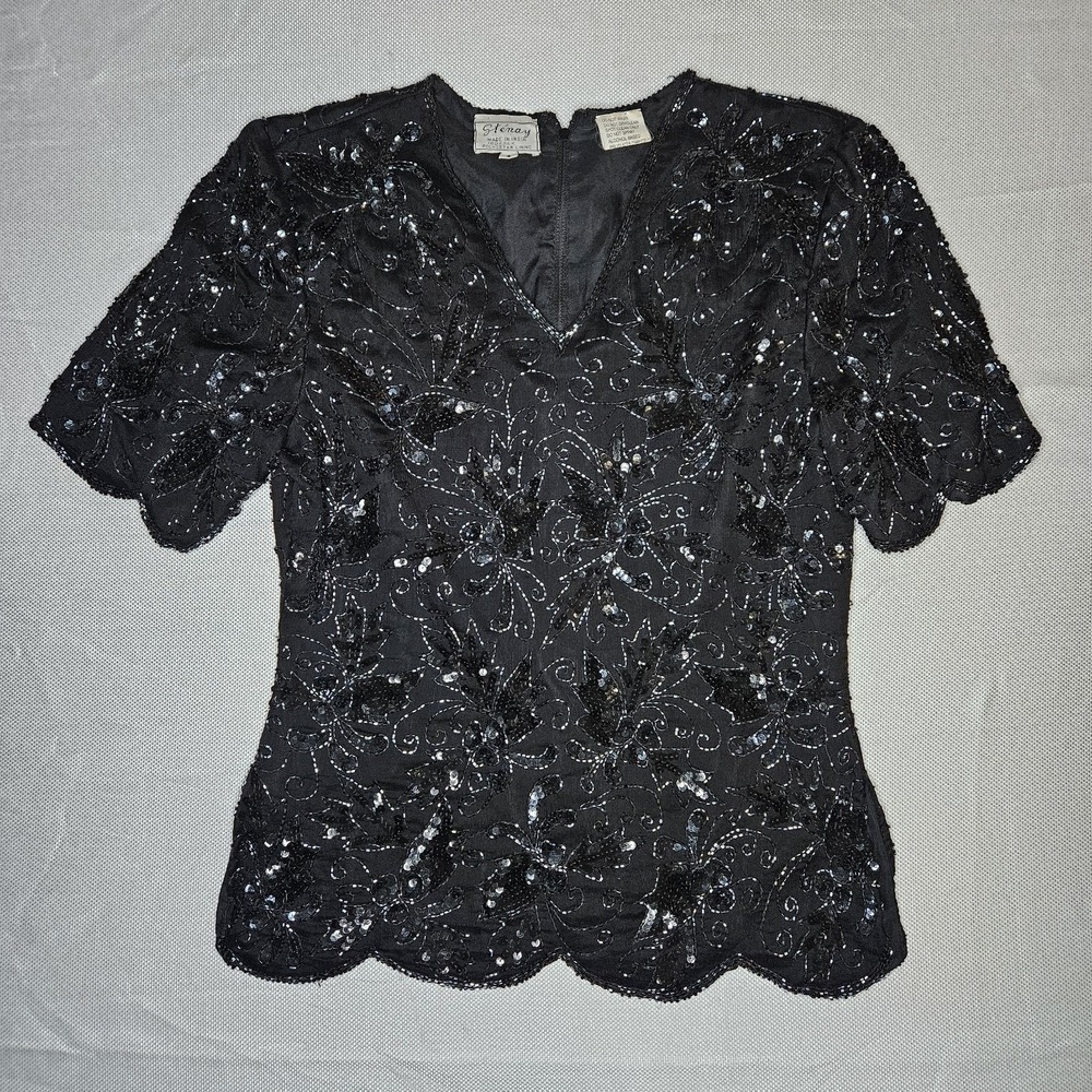 Vintage Black 100% Silk Beaded Floral Scalloped Evening Blouse Small Stenay